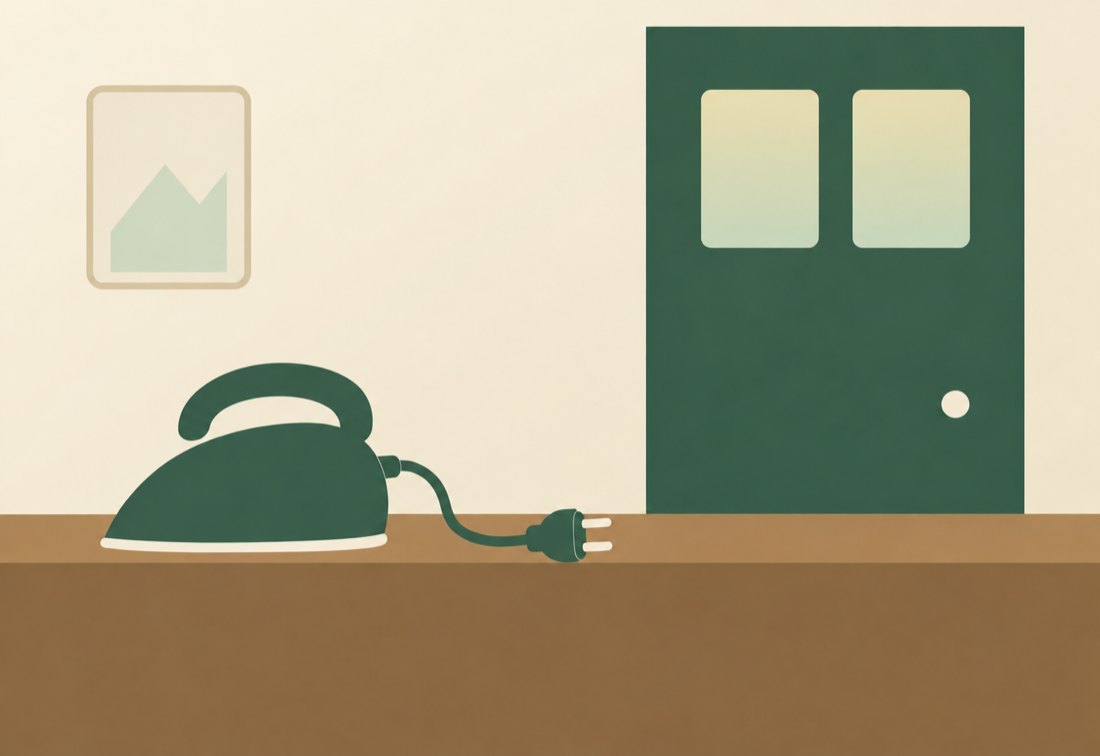 Iron Off app illustration — an iron resting safely on the table by the door